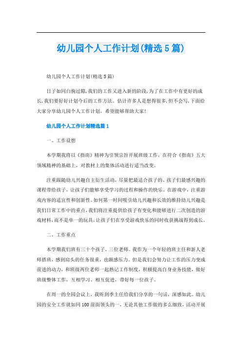 幼儿园个人工作计划(精选5篇)
