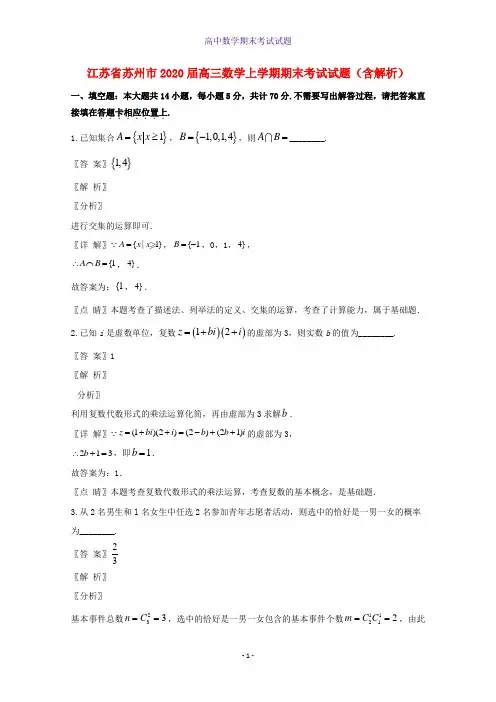 2020届江苏省苏州市高三数学上学期期末考试数学试题含解析