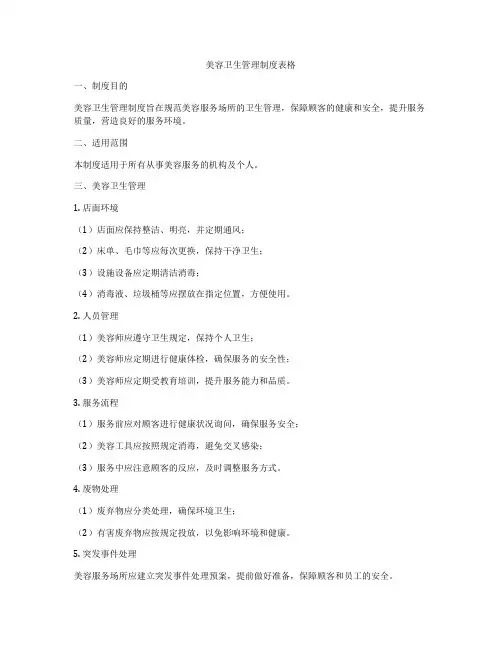 美容卫生管理制度表格