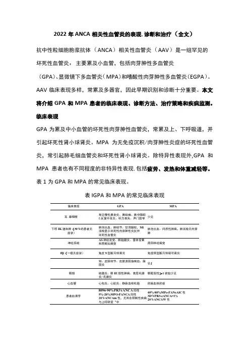 2022年ANCA相关性血管炎的表现、诊断和治疗(全文)