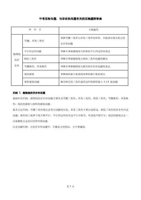 2022年九年级数学中考压轴专题-与存在性问题有关的压轴题讲义附答案