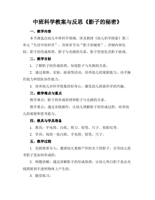 中班科学教案与反思《影子的秘密》
