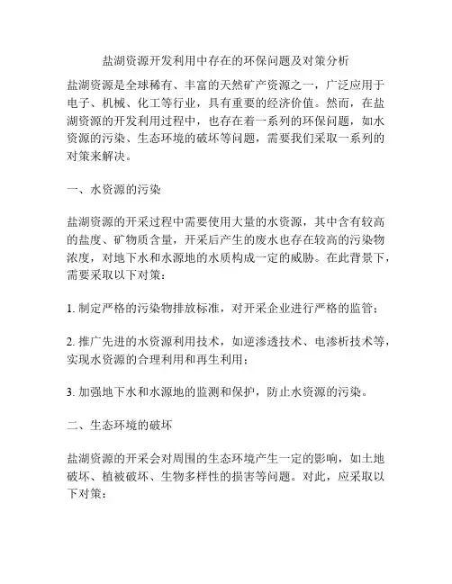 盐湖资源开发利用中存在的环保问题及对策分析