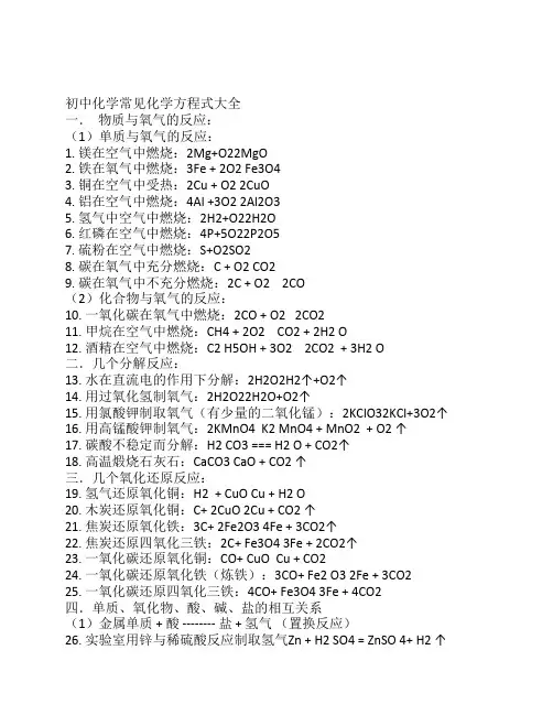初中化学常见化学方程式大全