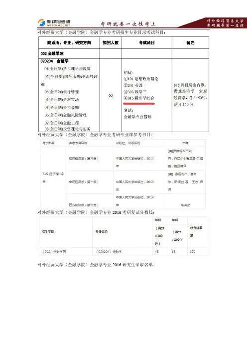 2018年对外经济贸易大学(金融学院)金融学专业考研招生考试科目、参考书目复试分数线录取名单815综合真题