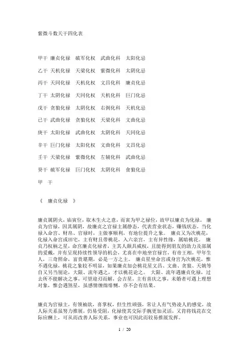 紫微斗数天干四化表