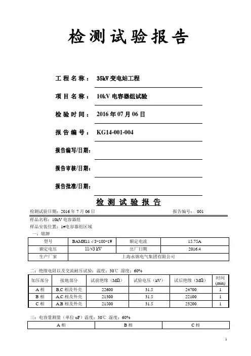 10kV电容器组试验检测试验报告