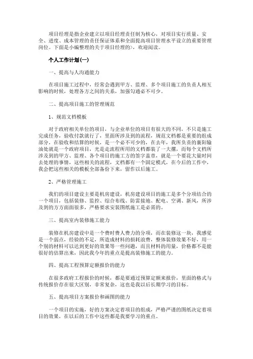 2020年项目经理的个人工作计划5篇