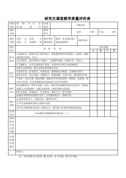 研究生课堂教学质量评价表(督导专家用)