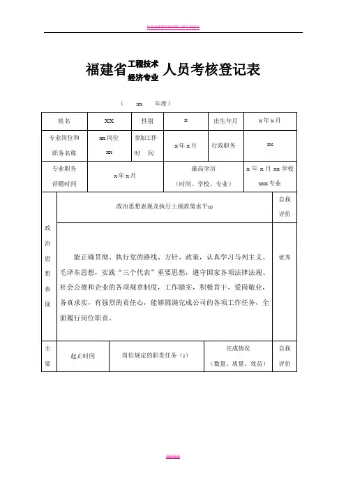 《福建省工程经济专业人员年度考核表》-样表