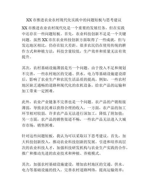 XX市推进农业农村现代化实践中的问题短板与思考建议