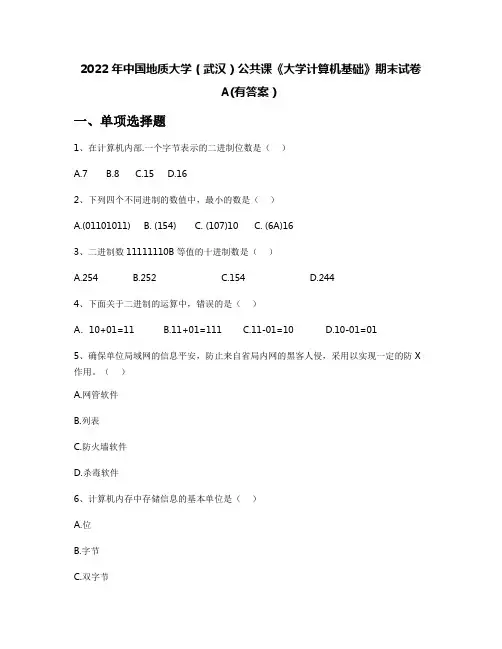 2022年中国地质大学(武汉)公共课《大学计算机基础》期末试卷A(有答案)