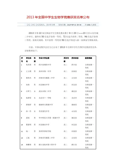 2013年全国中学生生物学竞赛获奖名单公布