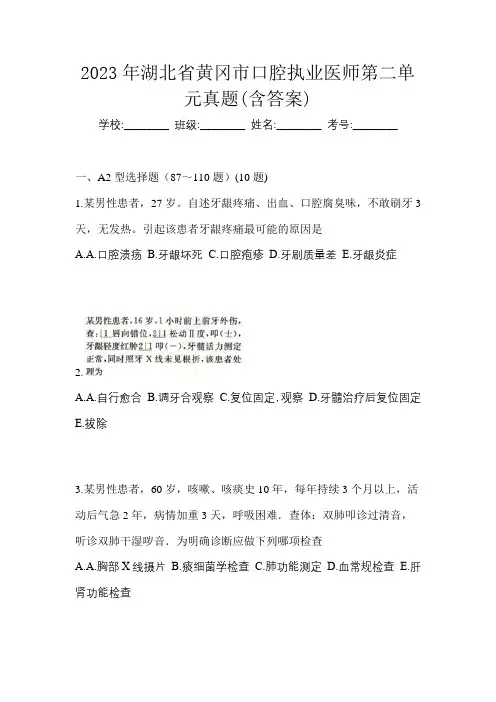 2023年湖北省黄冈市口腔执业医师第二单元真题(含答案)