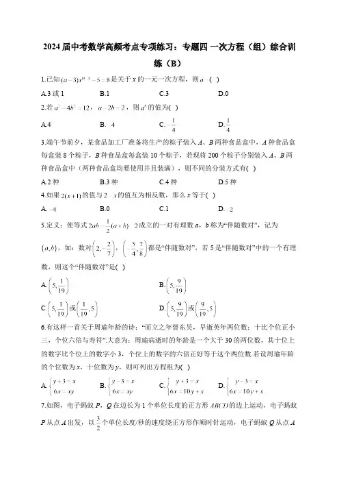 2024届中考数学高频考点专项练习：专题四 一次方程(组)综合训练(B)及答案