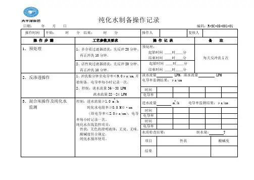纯化水制备操作记录
