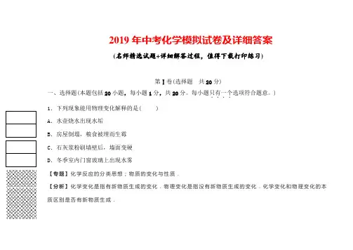 2019年中考化学模拟试卷及详细答案(解析版)