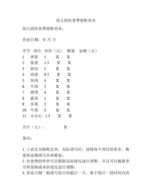 幼儿园伙食费做账范本