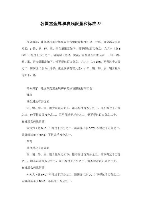 各国重金属和农残限量和标准
