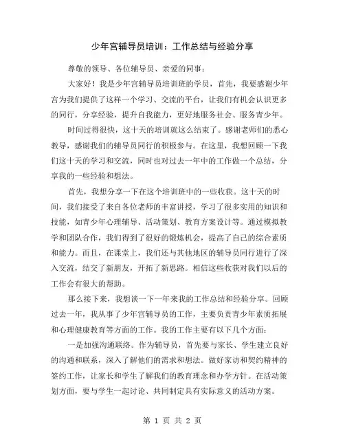 少年宫辅导员培训：工作总结与经验分享