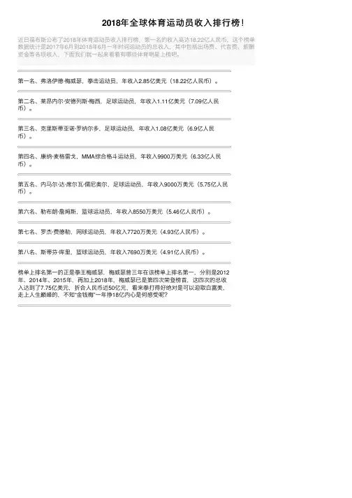2018年全球体育运动员收入排行榜！