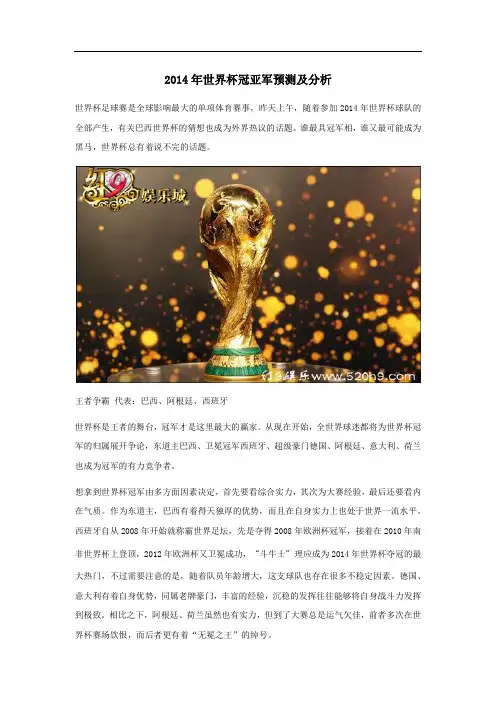 2014年世界杯冠亚军预测及分析