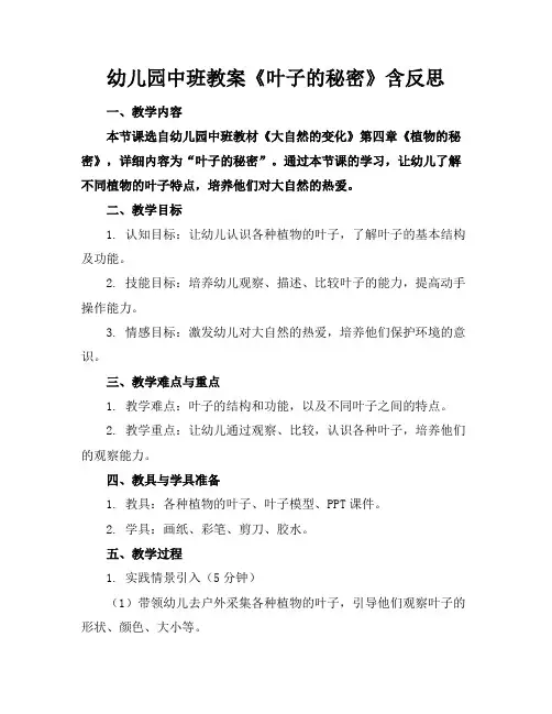 幼儿园中班教案《叶子的秘密》含反思