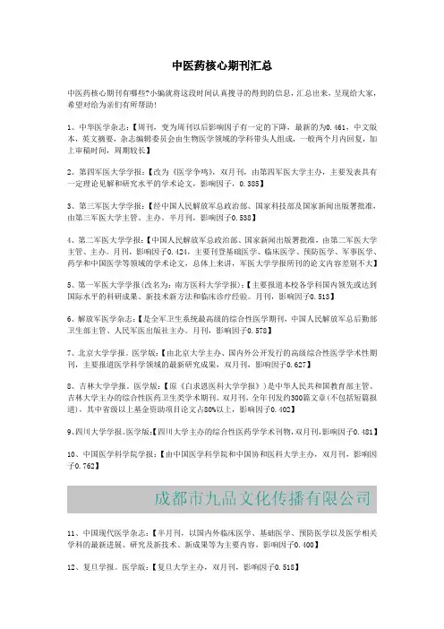中医药核心期刊汇总