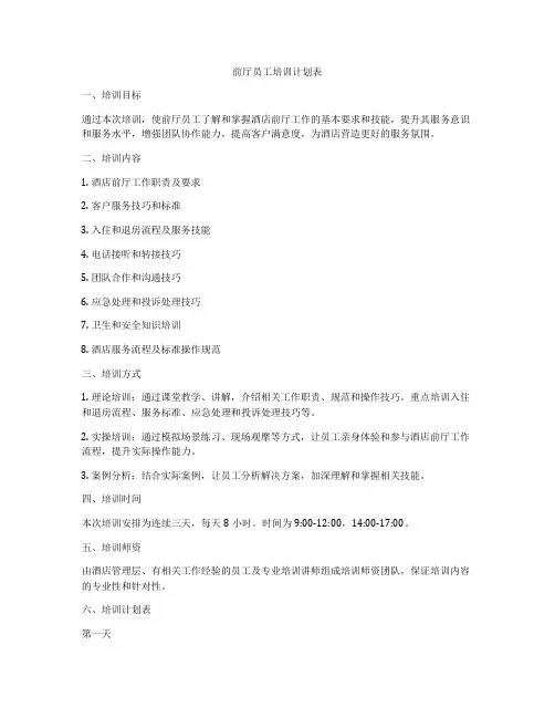 前厅员工培训计划表
