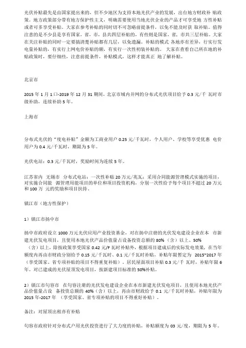 2016年全国52个光伏补贴政策汇总最新最全