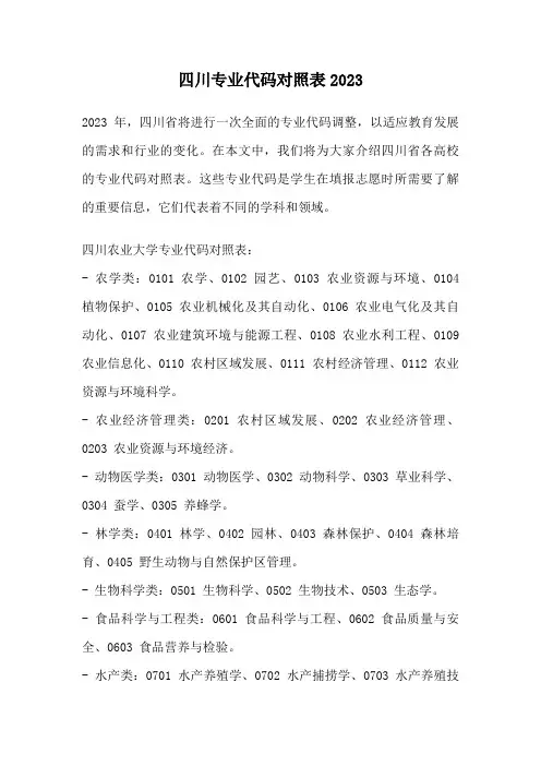 四川专业代码对照表2023
