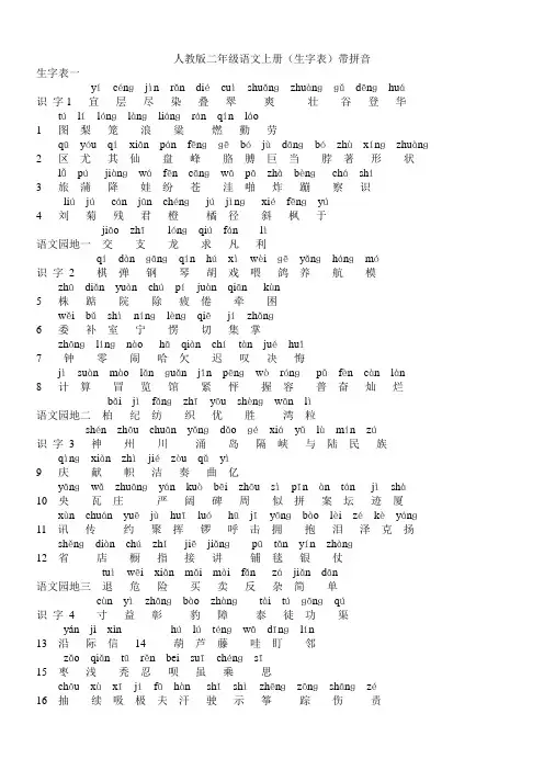 人教版二年级语文上册(生字表)带拼音