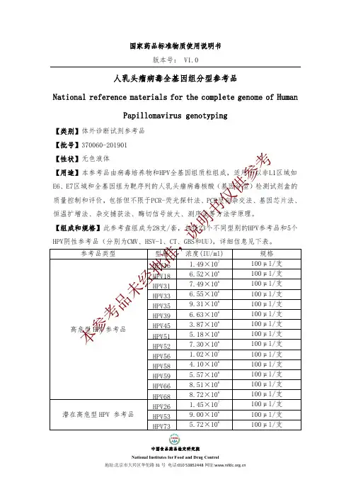 人乳头瘤病毒全基因组分型参考品说明书