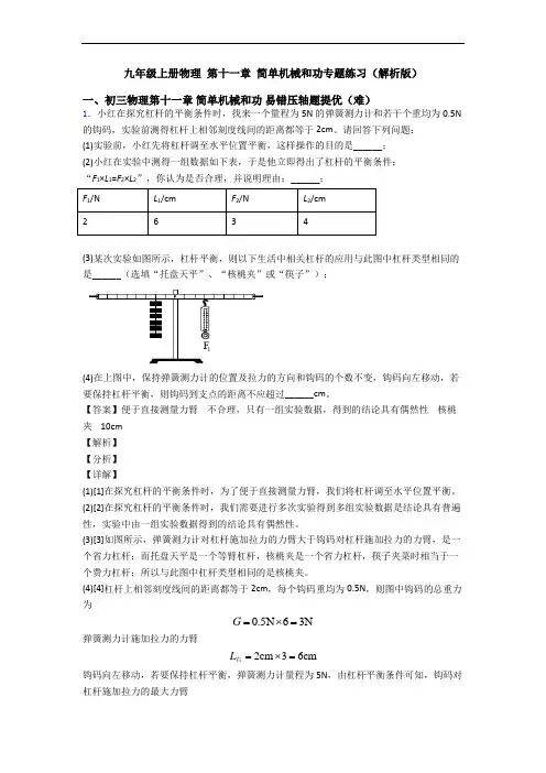 九年级上册物理 第十一章 简单机械和功专题练习(解析版)