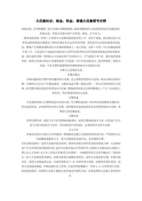 火花塞知识,铱金、铂金、普通火花塞型号对照