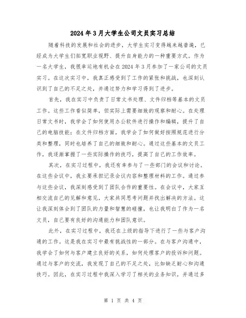 2024年3月大学生公司文员实习总结（2篇）