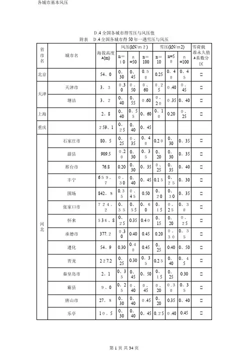 各城市基本风压