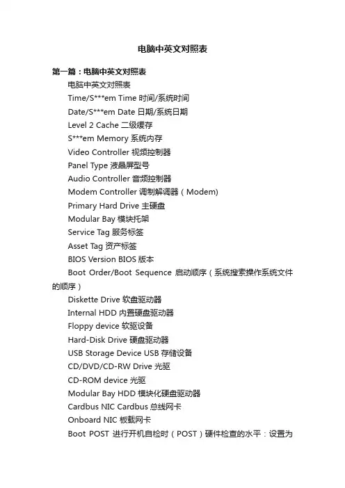电脑中英文对照表