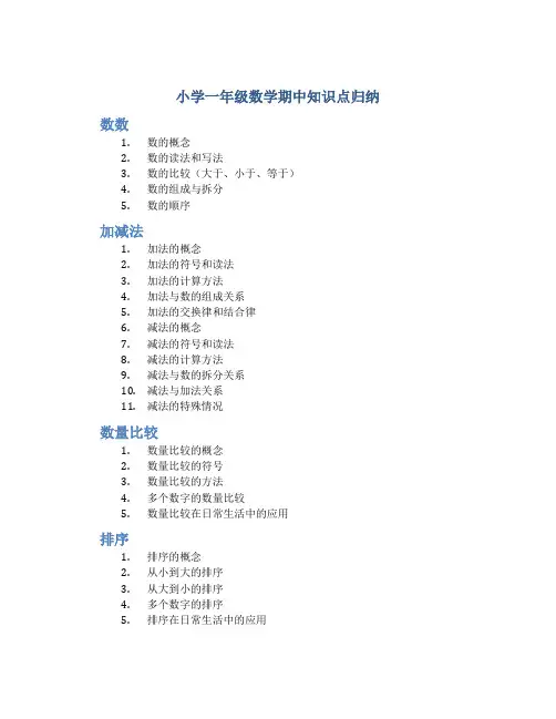 小学一年级数学期中知识点归纳