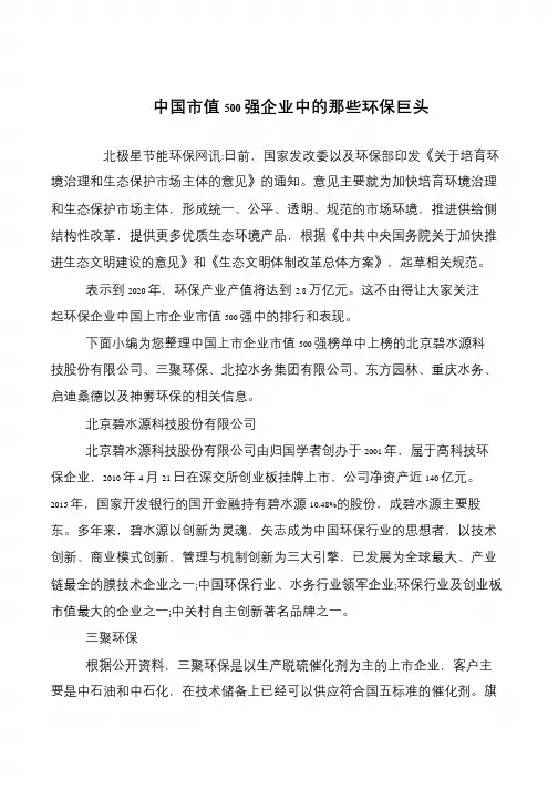 中国市值500强企业中的那些环保巨头