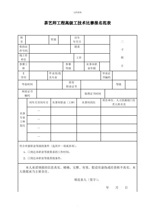 2022年茶艺师项目高级工技术比赛报名范表