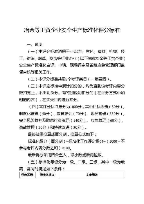 冶金等工贸企业安全生产标准化评分标准