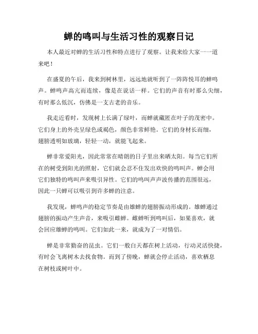 小学三年级作文蝉的鸣叫与生活习性的观察日记