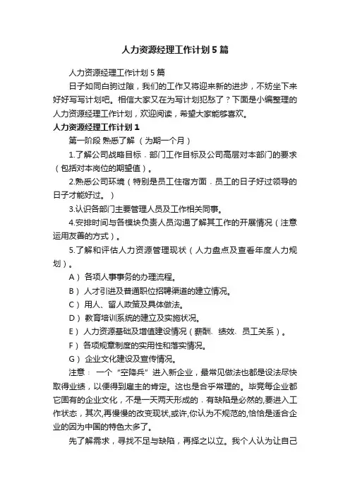 人力资源经理工作计划5篇