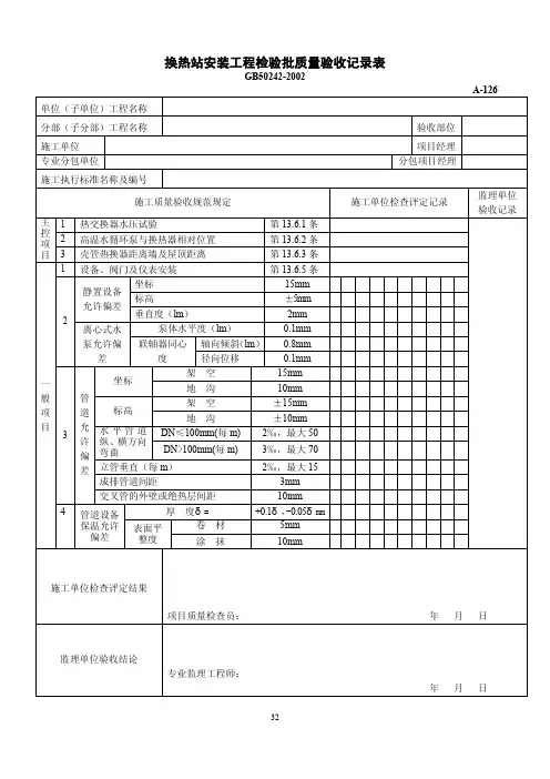 换热站安装工程检验批质量验收记录表