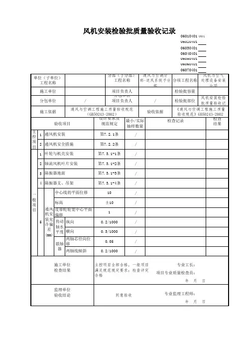 风机安装检验批质量验收记录