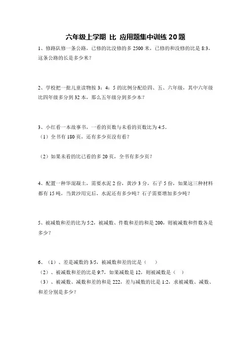 六年级上学期数学 比 应用题集中练习20题 带详细答案 
