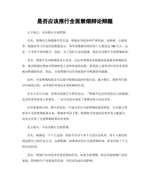 是否应该推行全面禁烟辩论辩题