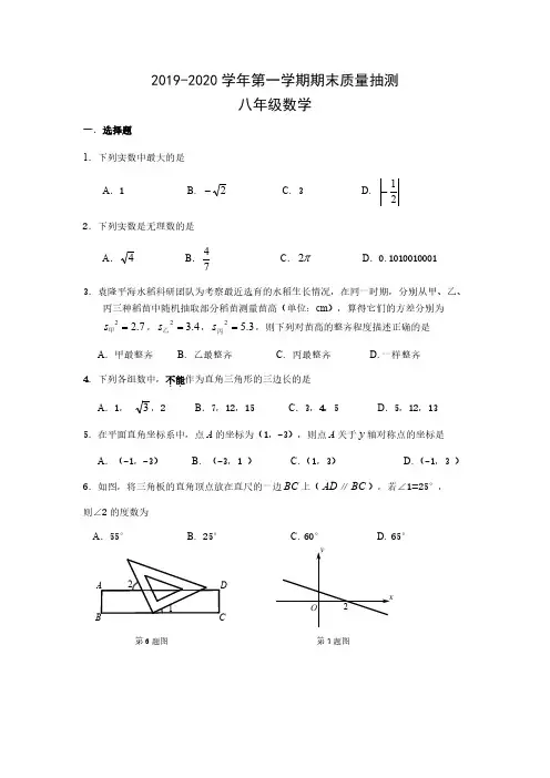 2019-2020年深圳市统考初二(八年级)数学期末试题及答案
