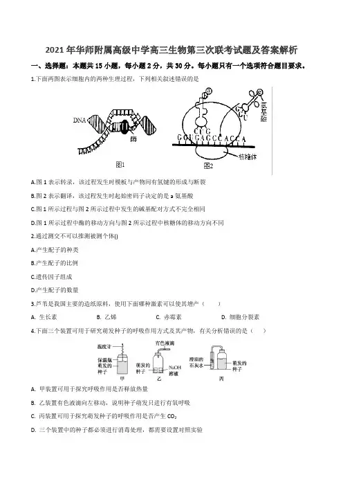 2021年华师附属高级中学高三生物第三次联考试题及答案解析